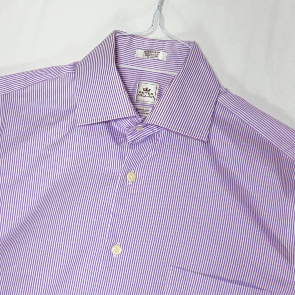 Peter Millar Mens Dress Shirt Lavender White Stripe Long Sleeve Cotton Size 15 R
